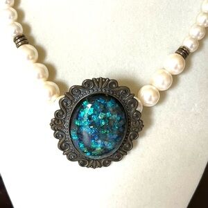 Large Cameo Blue-Green Pendant Specks On a Pearl Necklace  Statement Victorian